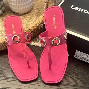 Larroude Pink T-Strap Thong Sandals with Gold Buckle Accents
